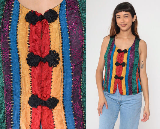 90s Brocade Striped Vest Frog Closure Sleeveless Scoop Neck Medium