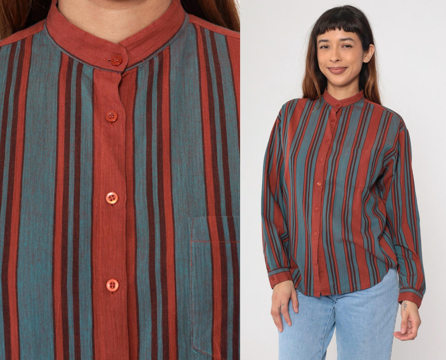 80s Lady Manhattan Striped Button-Up Blouse Rust Red Turquoise Mandarin Collar Large