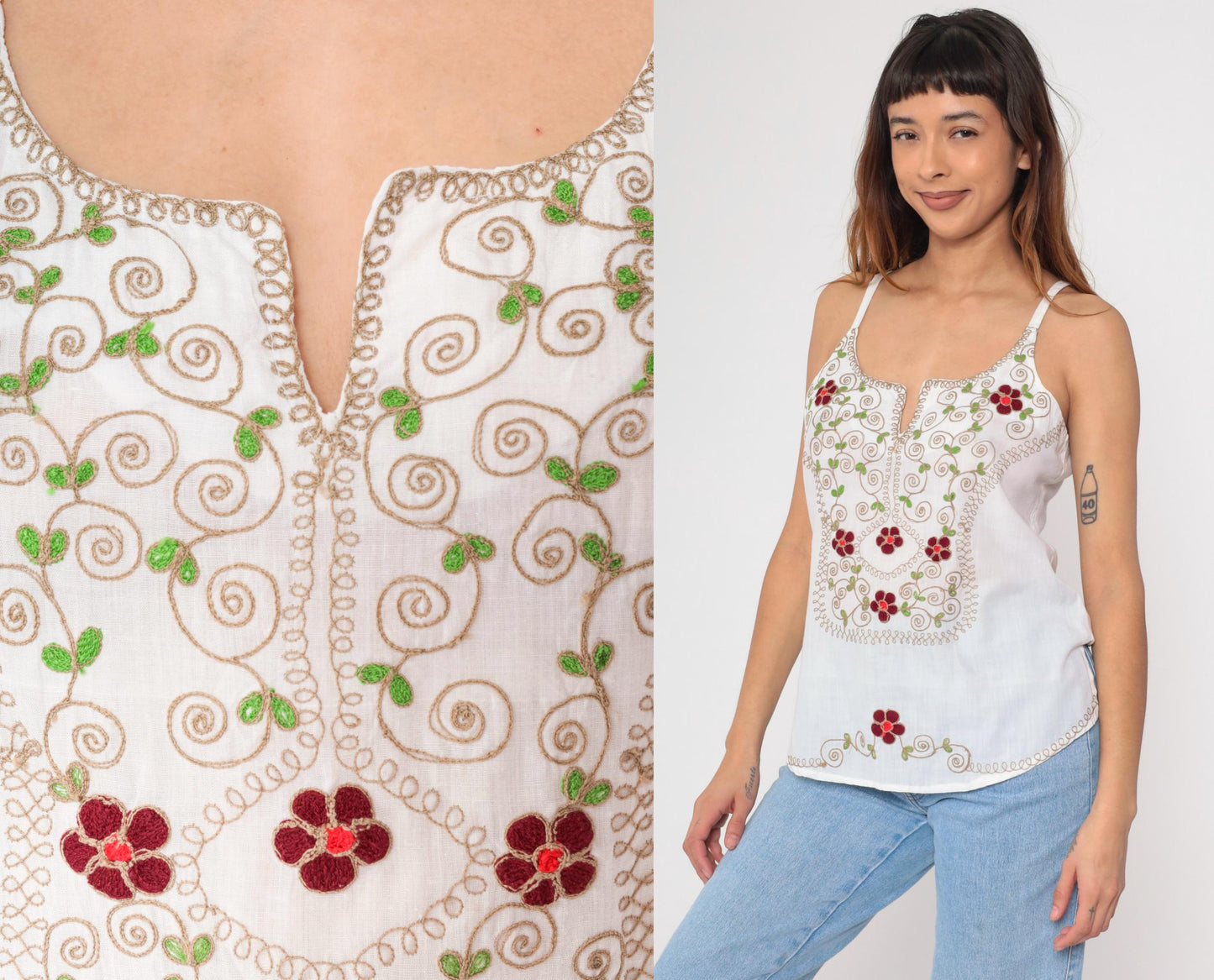 90s White Floral Embroidered Tank Top Spaghetti Strap Split Neck Small Medium