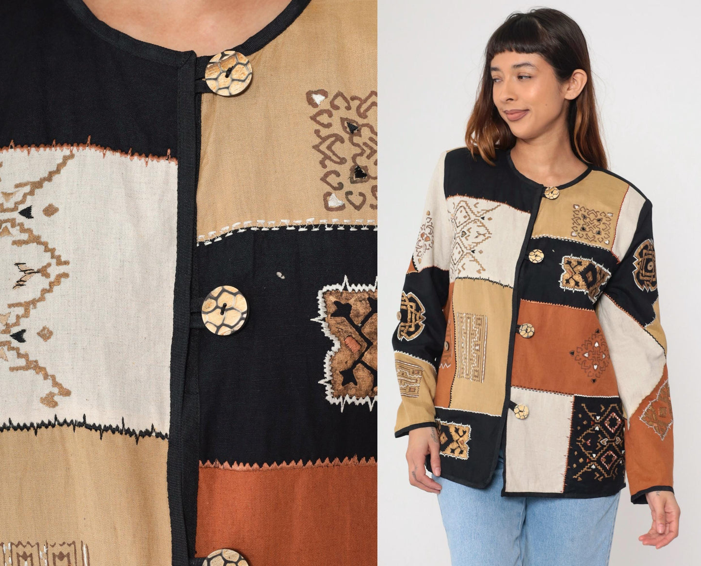 90s Allure Patchwork Geometric Blazer Metallic Tan Black Burnt Orange Medium