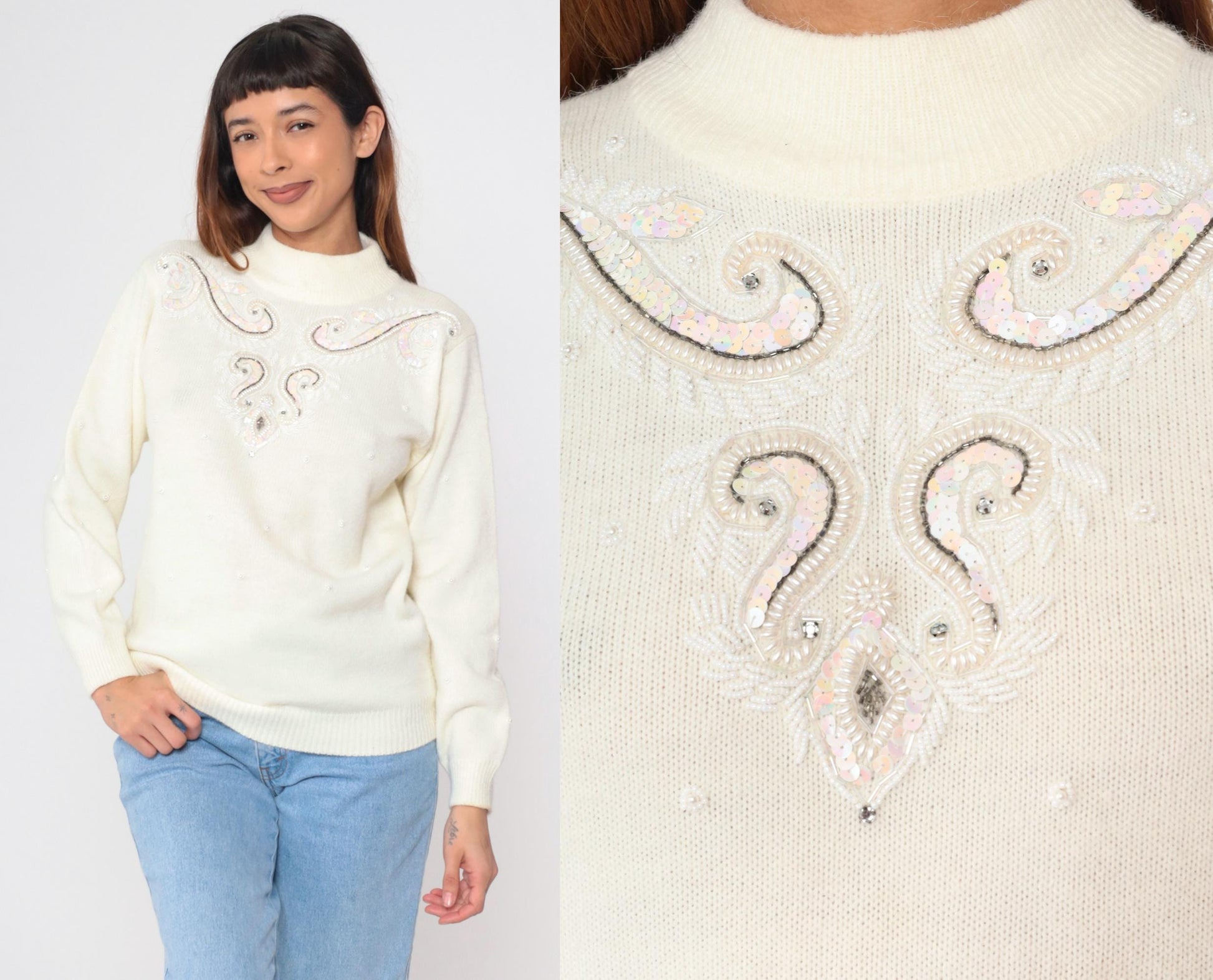 90s Alfred Dunner Sequin Beaded Sweater Cream Geometric Mock Neck Medium