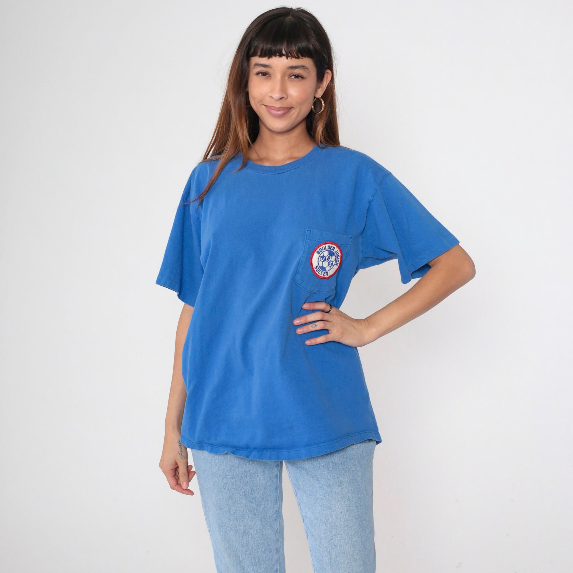 90s Boulder Junior Soccer Patch T-Shirt Blue Cotton Graphic Tee Large L