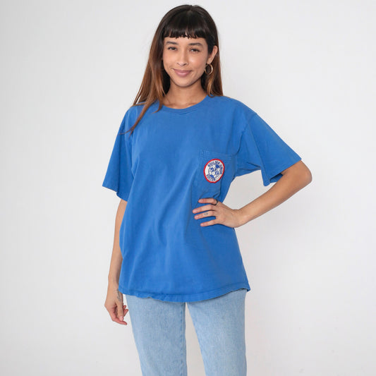 90s Boulder Junior Soccer Patch T-Shirt Blue Cotton Graphic Tee Large L