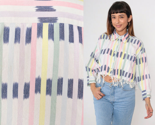 90s Ikat Striped Cotton Blouse Button-Up Long Sleeve Cropped White Small