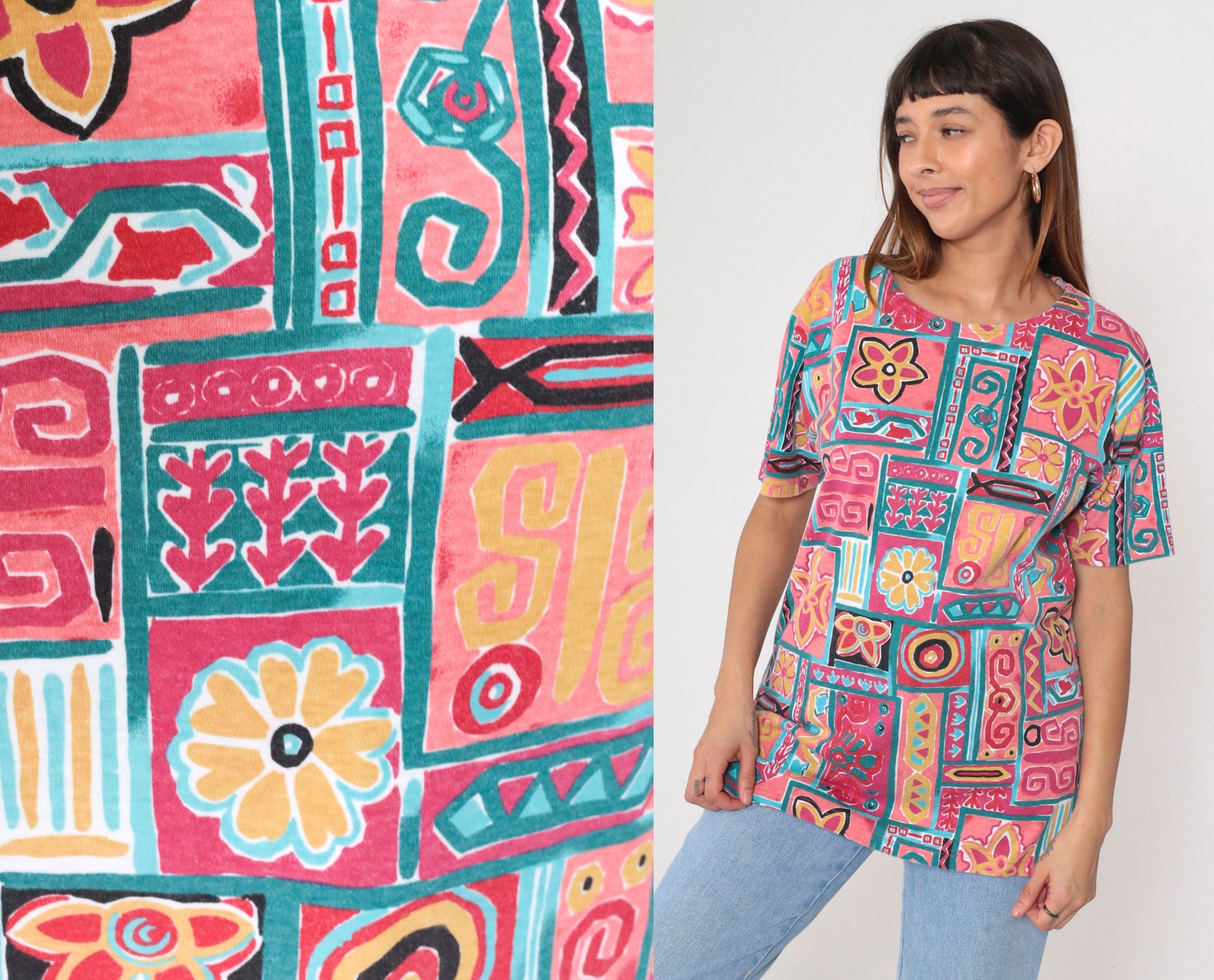 90s Geometric Floral T-Shirt Pink Teal Cotton Blend Medium
