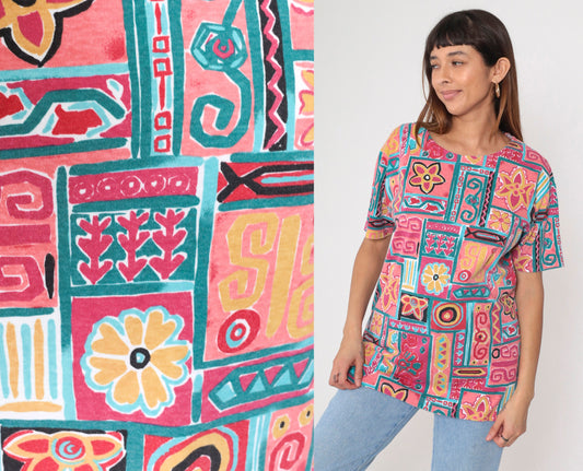 90s Geometric Floral T-Shirt Pink Teal Cotton Blend Medium