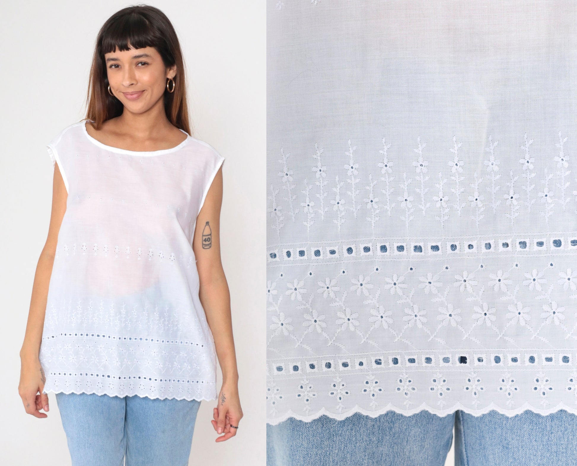80s White Eyelet Lace Tank Top Floral Embroidered Sleeveless Tunic Large