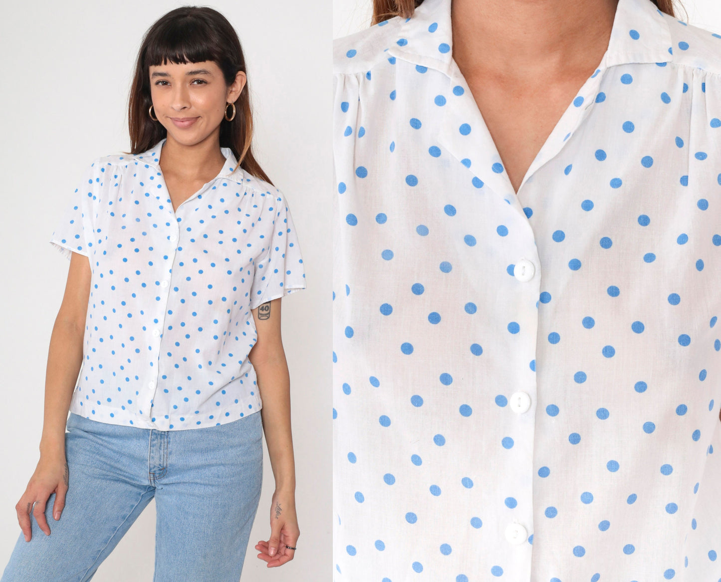 80s White Blue Polka Dot Button-Up Blouse Short Sleeve Medium