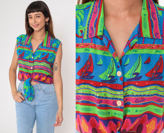 90s Tropical Sequin Tie-Front Blouse Sailboat Beaded Sleeveless Small