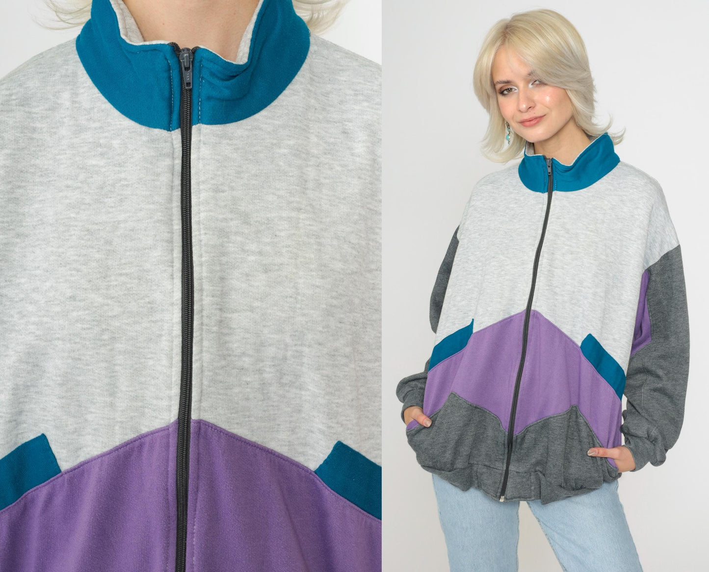 90s Colorblock Zip Sweatshirt Grey Purple Track Jacket Large L