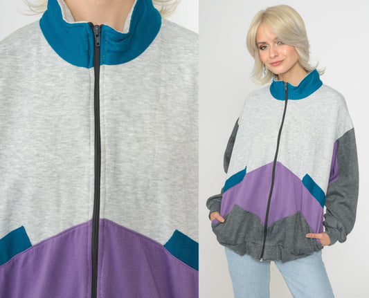 90s Colorblock Zip Sweatshirt Grey Purple Track Jacket Large L