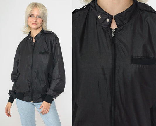 80s Aventura Black Shiny Bomber Jacket Zip Windbreaker Large L