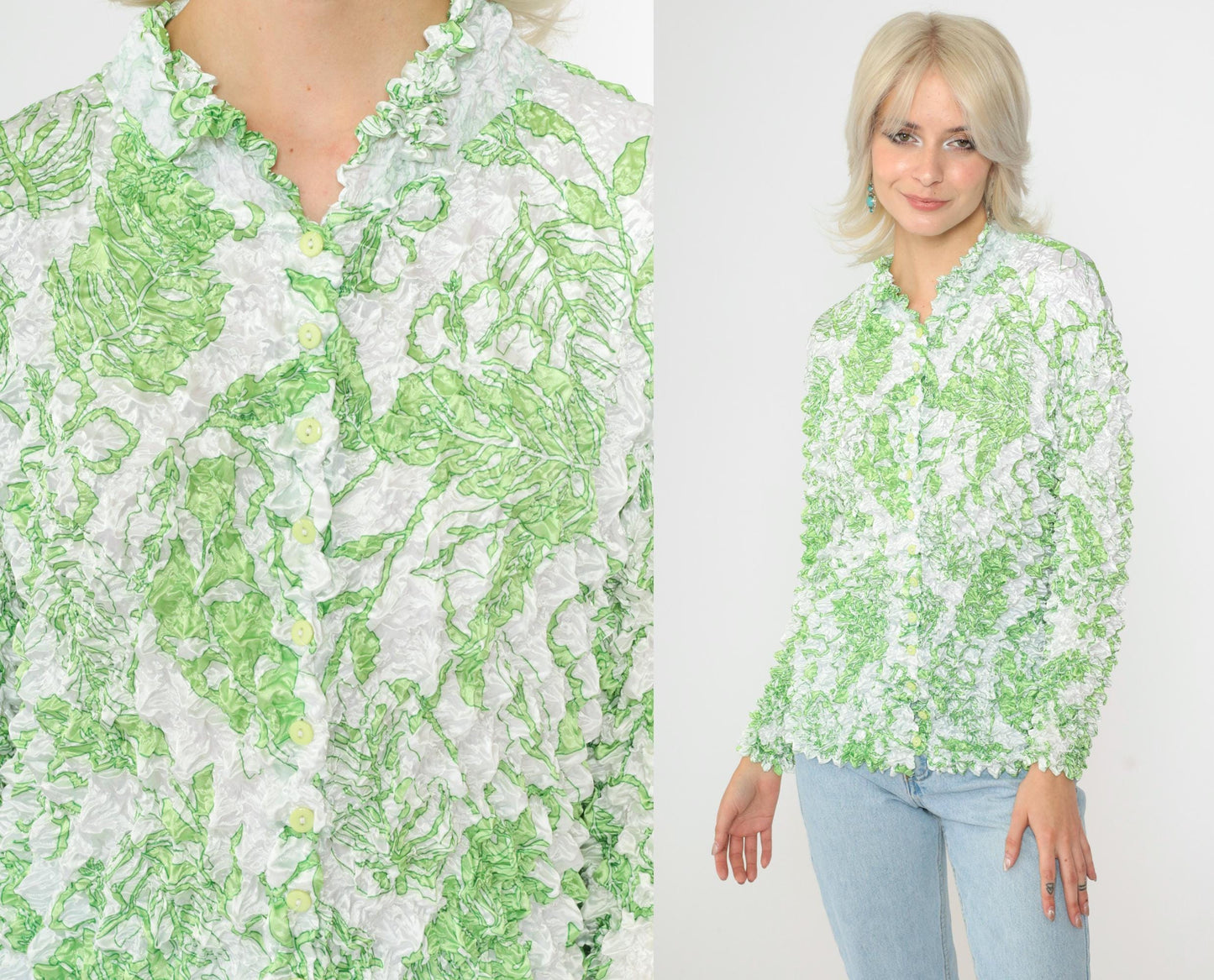 Y2K Tropical Leaf Popcorn Shirt White Green Long Sleeve Button Up Small