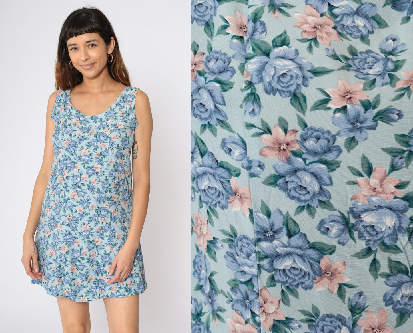90s Pink Floral Blue Rayon Mini Dress Sleeveless A-Line Medium