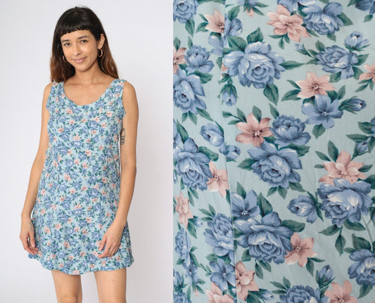 90s Pink Floral Blue Rayon Mini Dress Sleeveless A-Line Medium