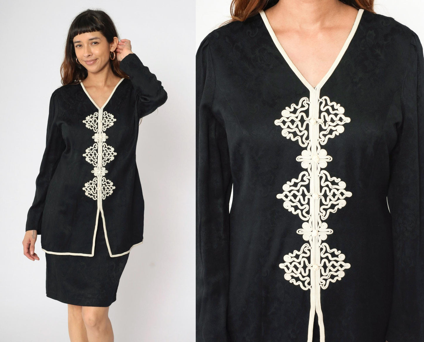 90s Black Mini Dress with Soutache Trim and Attached Jacket Small 6