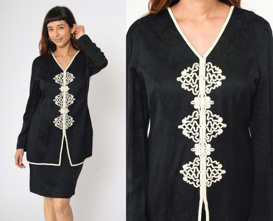 90s Black Mini Dress with Soutache Trim and Attached Jacket Small 6