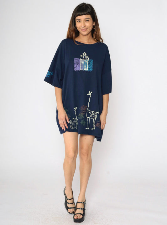 90s Giraffe Print T-Shirt Dress Navy Blue Graphic Mini Plus Size XXL