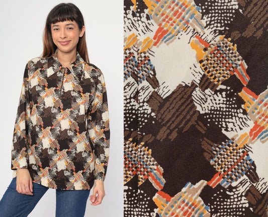 70s Abstract Print Blouse Brown Beige Orange Blue Zip Front Collared Large L
