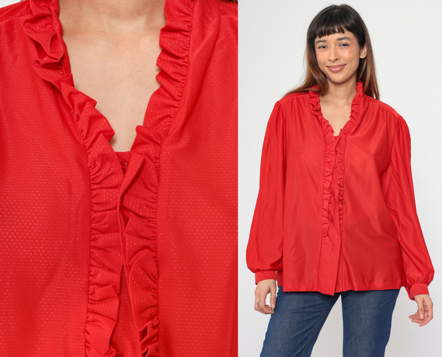 70s Red Puff Sleeve Button-Up Blouse Embossed Dots Ruffled Trim Large