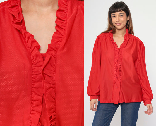 70s Red Puff Sleeve Button-Up Blouse Embossed Dots Ruffled Trim Large