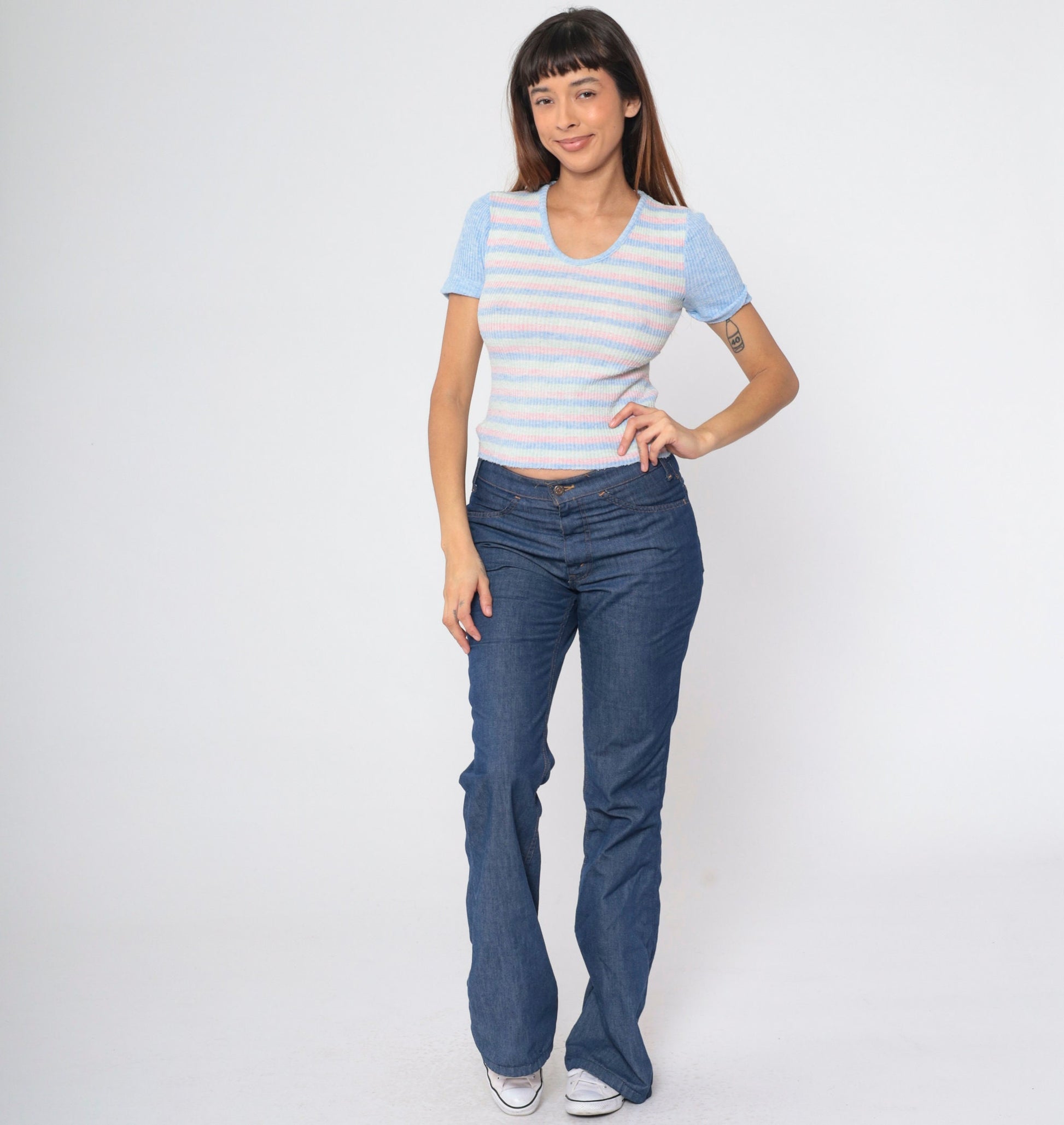 70s Striped Knit Top Pastel Blue Pink Green Ringer Short Sleeve Small