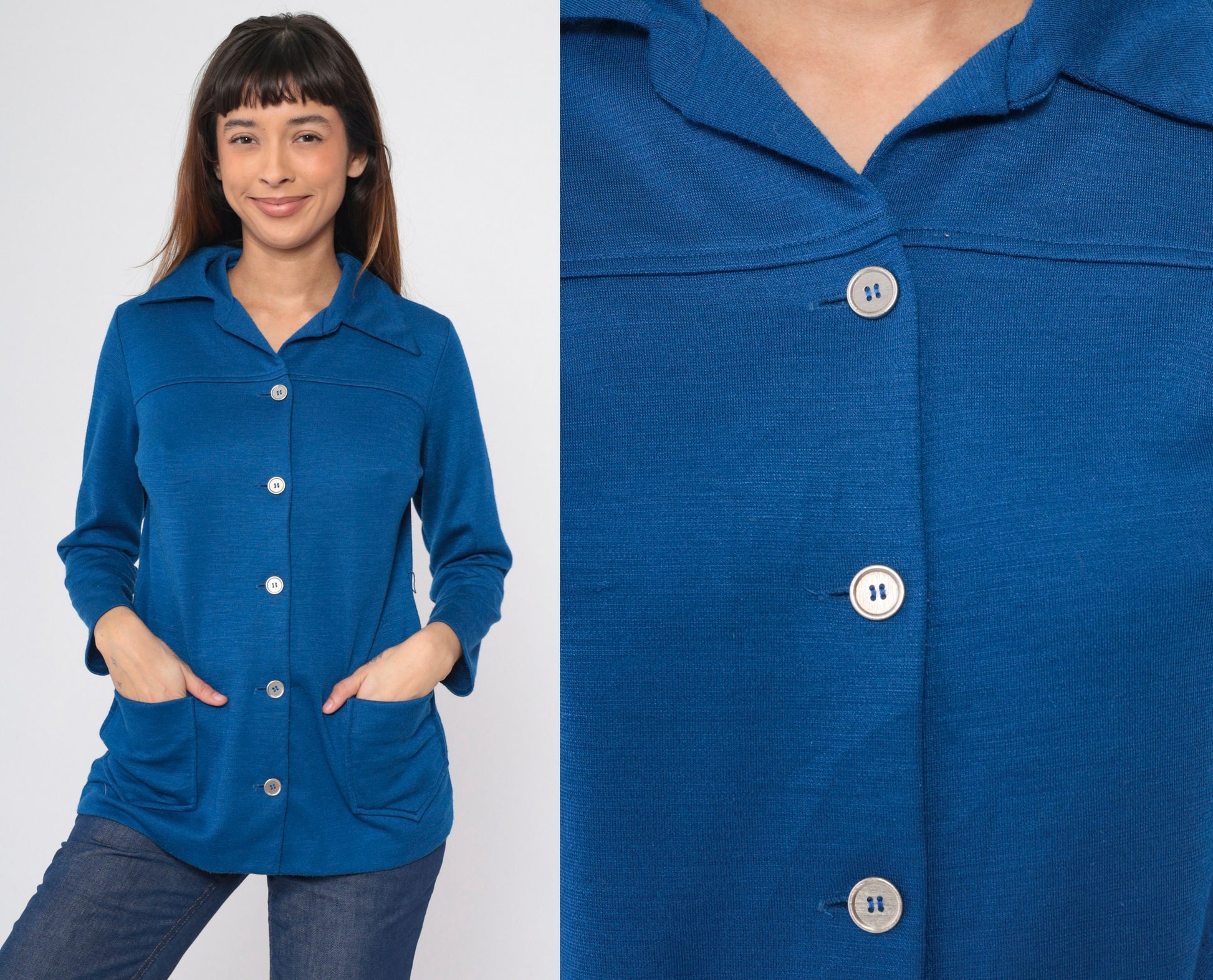 70s Berkshire Wool Blend Button-Up Blouse Dark Blue Pointed Collar Medium