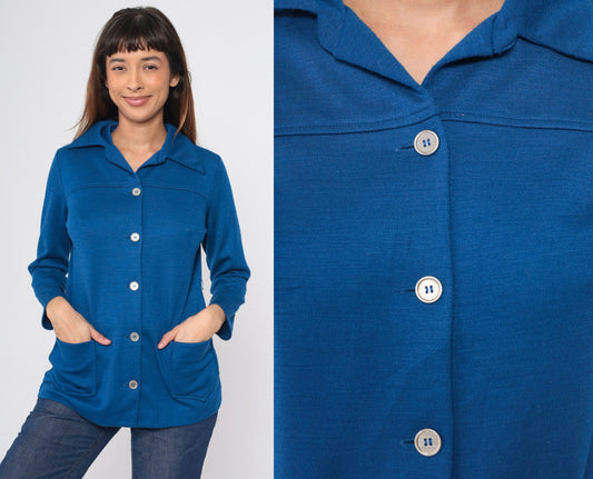 70s Berkshire Wool Blend Button-Up Blouse Dark Blue Pointed Collar Medium