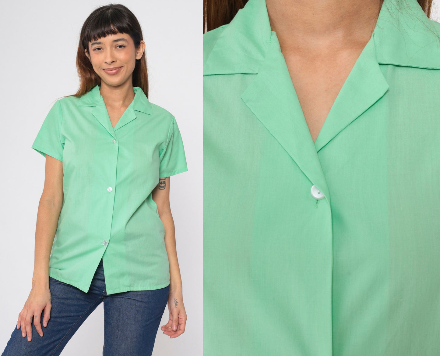 70s Mint Green Button Up Shirt Short Sleeve Sears Blouse Extra Small