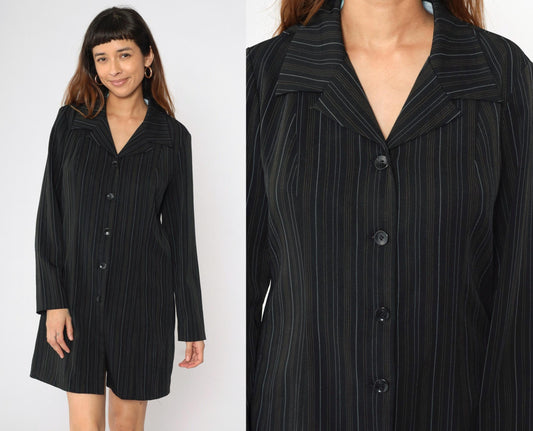 90s Black Pinstripe Jacket Dress Suits Us Collared Button-Front Medium