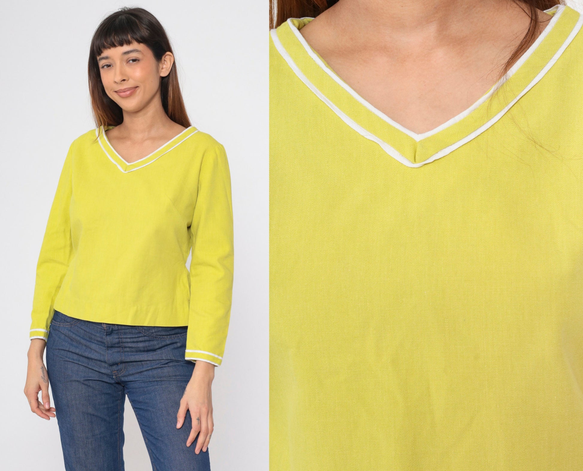 60s Young Edwardian Chartreuse Blouse Long Sleeve V-Neck Zipper Back Medium