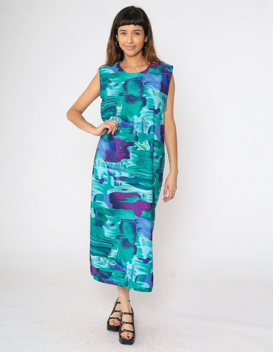 90s Abstract Watercolour Sundress Turquoise Purple Maxi Side Slit Large