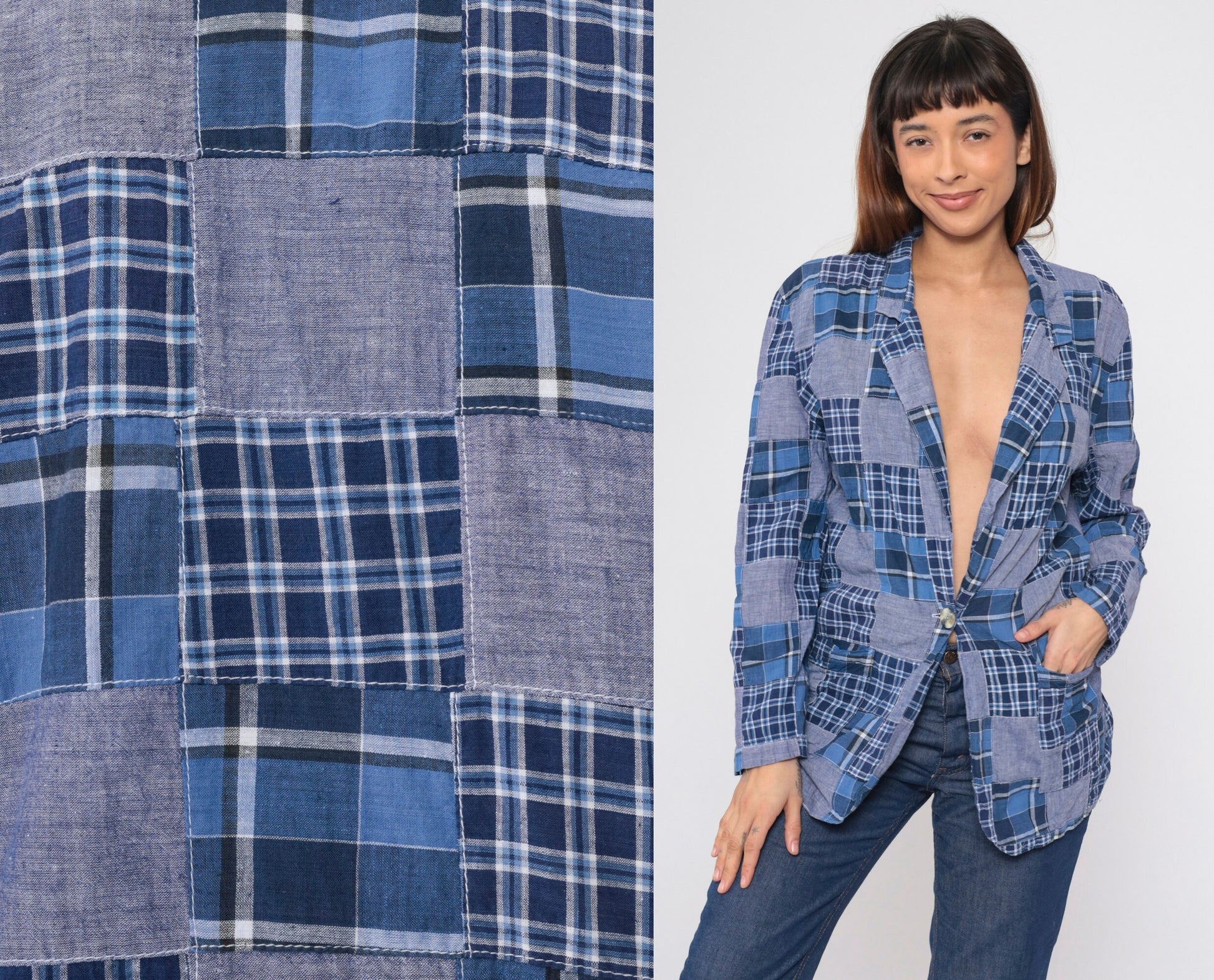 80s Clio Patchwork Plaid Blazer Blue Chambray V-Neck Button-Up Small
