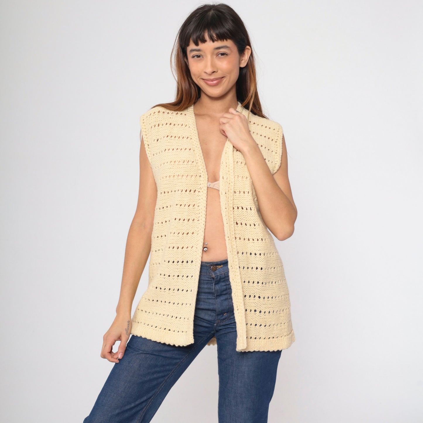 70s Cream Knit Vest Sleeveless V-Neck Sweater Tank Medium