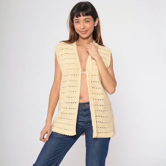 70s Cream Knit Vest Sleeveless V-Neck Sweater Tank Medium