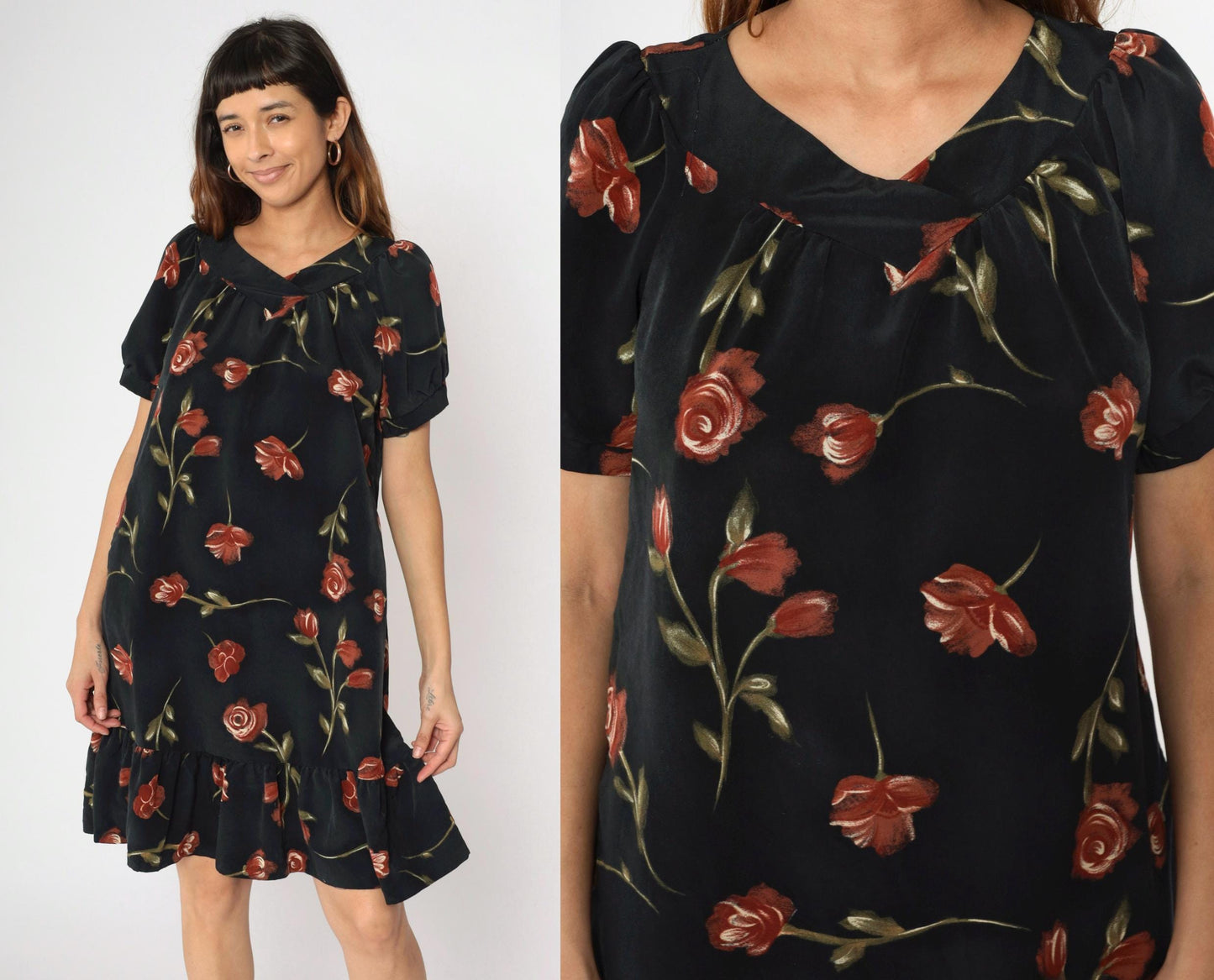 90s Black Floral Mini Dress Puff Sleeve A-Line Red Rose Print Medium