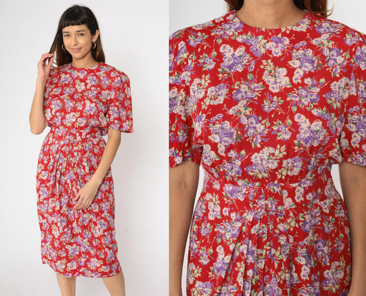 90s Karin Stevens Floral Midi Dress Red Puff Sleeve High Waist Medium 8