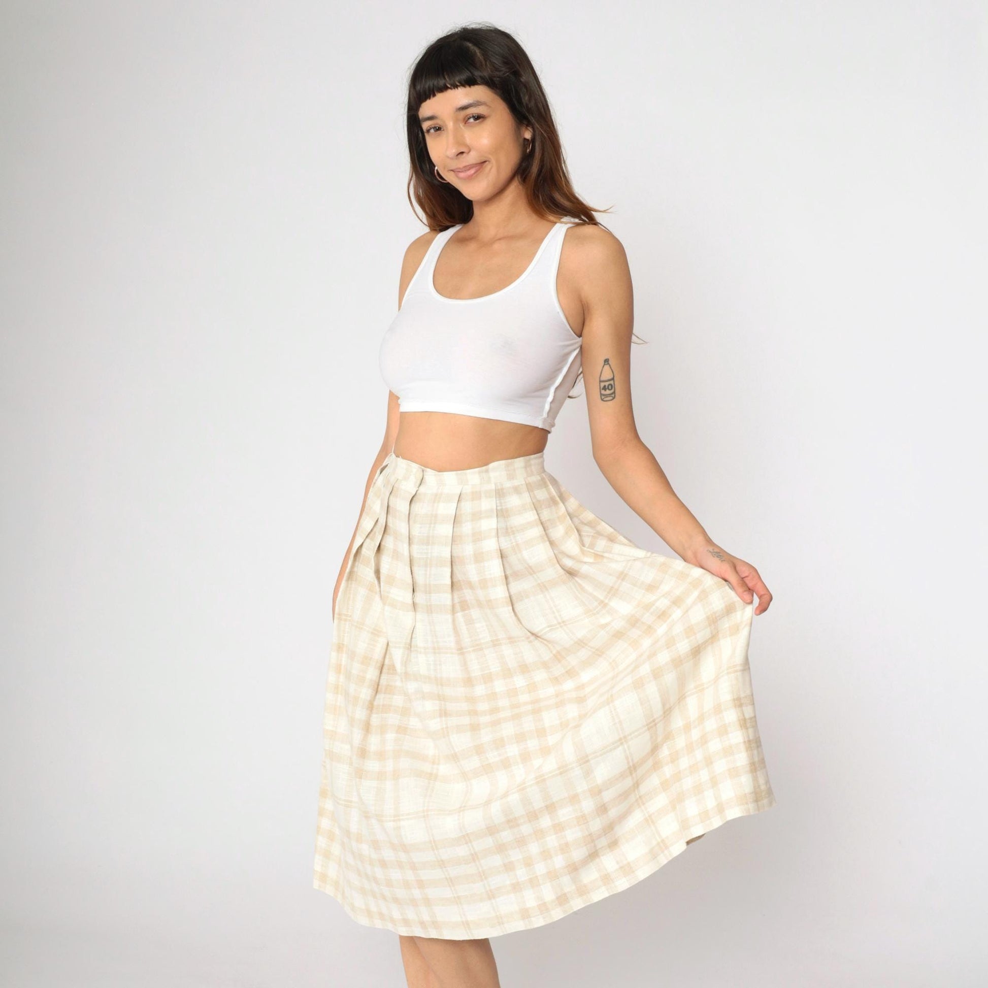 90s Tan Cream Plaid Pleated Midi Skirt High Waist Small