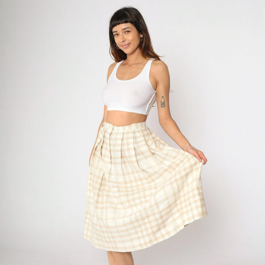 90s Tan Cream Plaid Pleated Midi Skirt High Waist Small