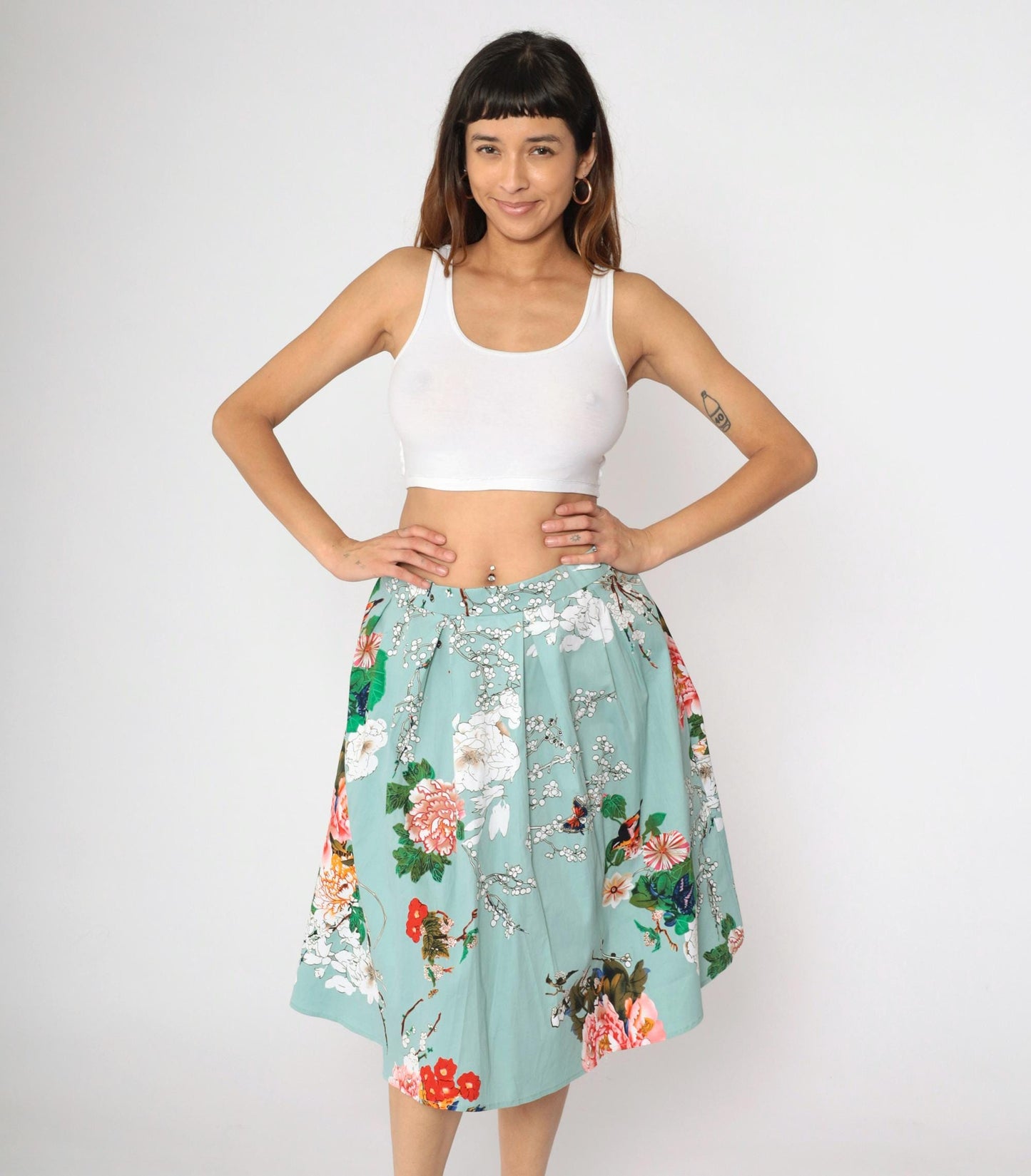 90s Floral Butterfly Midi Skirt Seafoam High Waist Pleated Plus Size XXL
