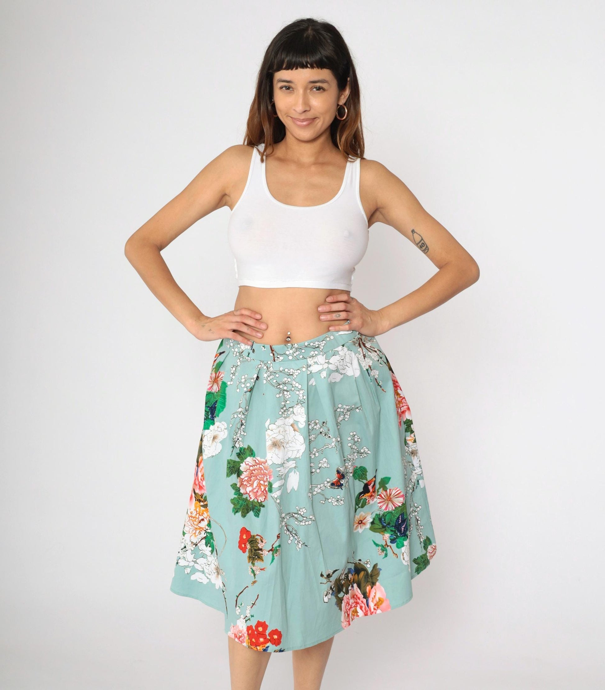 90s Floral Butterfly Midi Skirt Seafoam High Waist Pleated Plus Size XXL