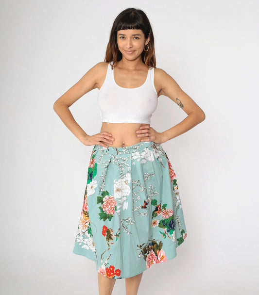 90s Floral Butterfly Midi Skirt Seafoam High Waist Pleated Plus Size XXL