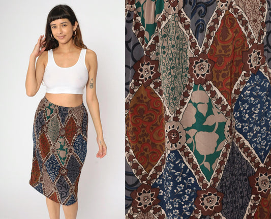 90s Patchwork Floral Midi Skirt High Waist Pencil Cut Red Grey Blue Medium
