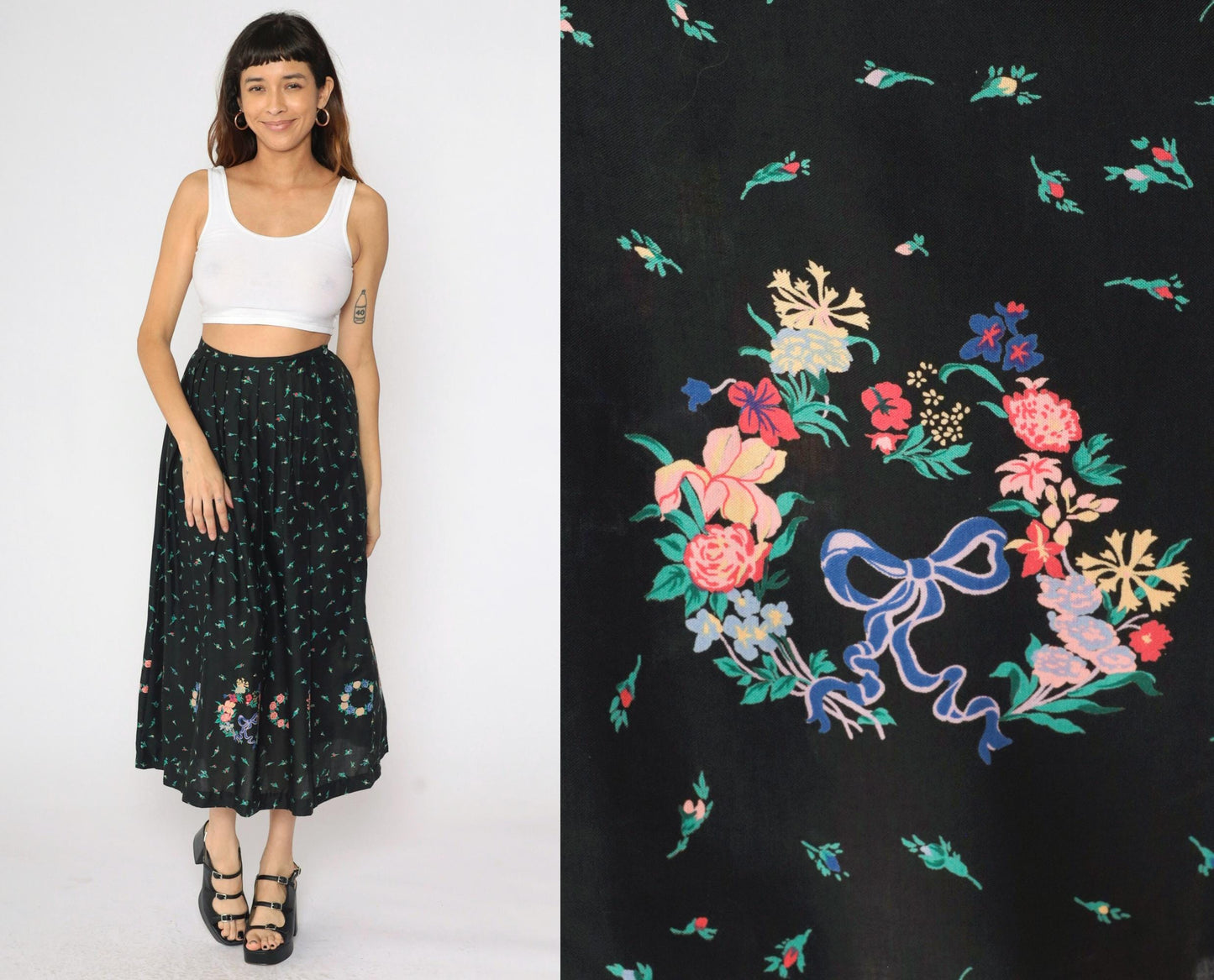90s The Eagle's Eye Floral Midi Skirt Black Botanical Rayon Small
