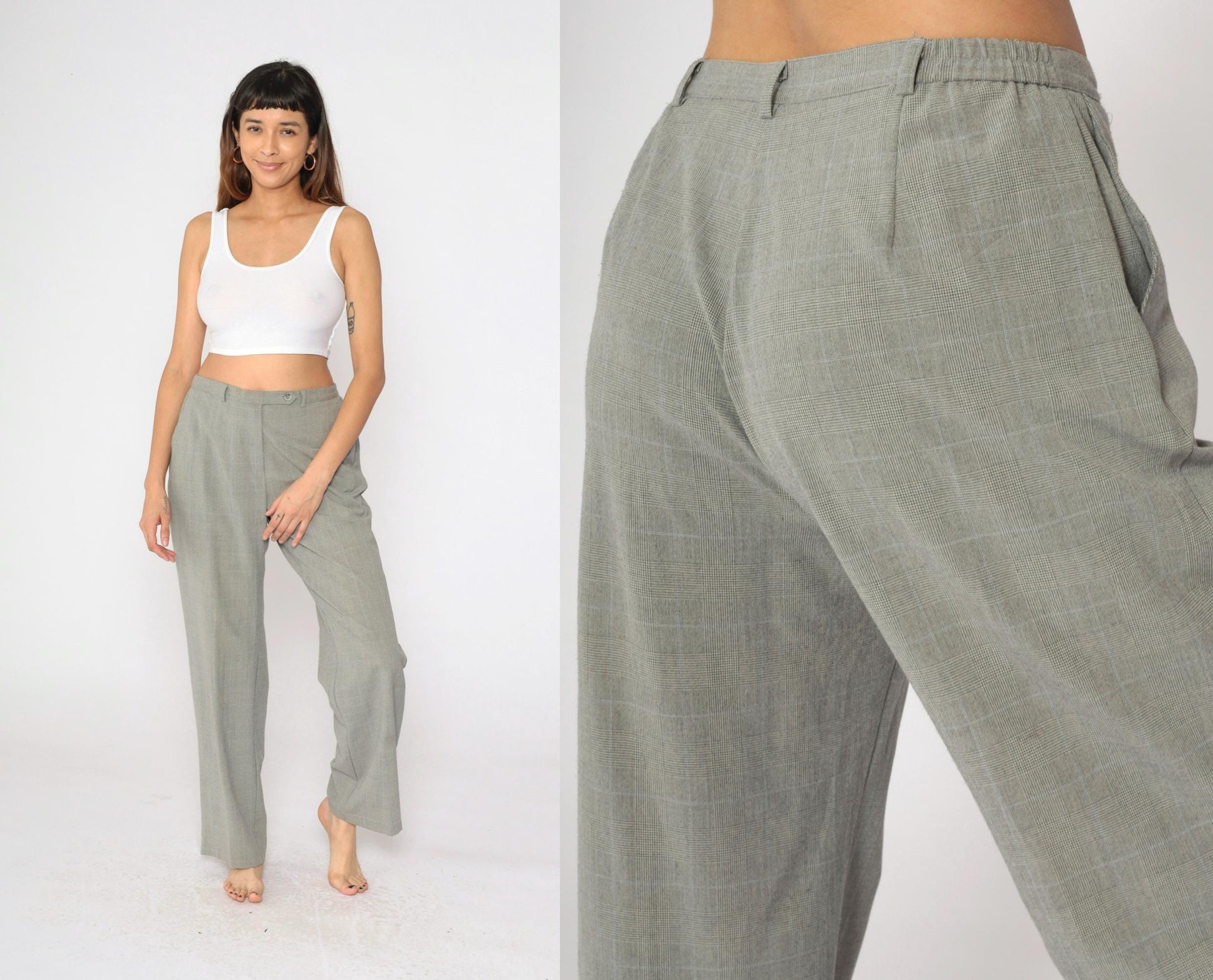 90s Grey Plaid Straight Leg Trousers High Rise Vintage Kim Rogers Medium