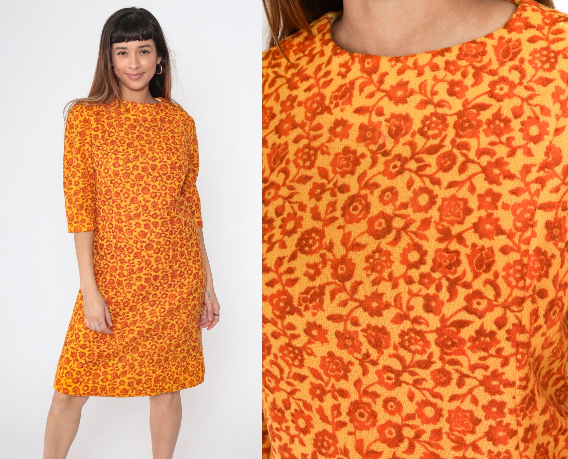 60s Floral Wool Shift Dress Yellow Orange Mod 3/4 Sleeve Small