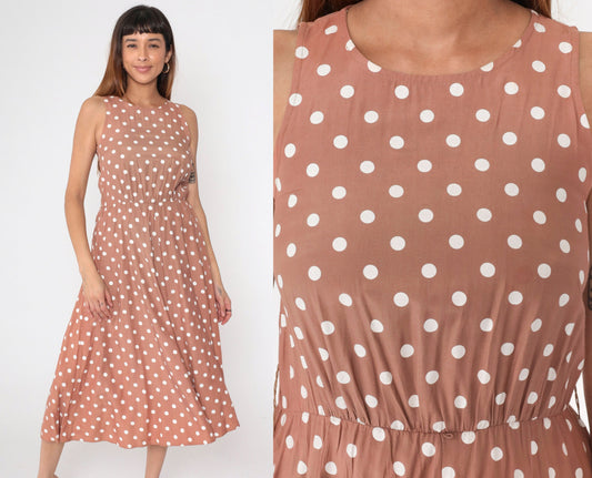 80s My Michelle Mocha Polka Dot Midi Sundress High Waist Sleeveless Extra Small