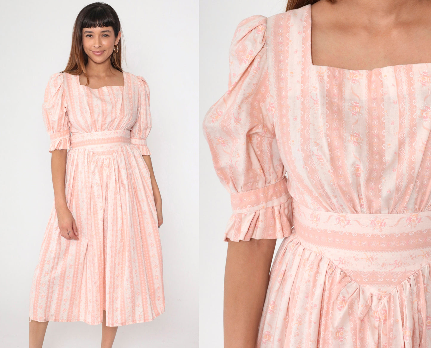 70s Pink Floral Midi Dress Puff Sleeve High Waist Small