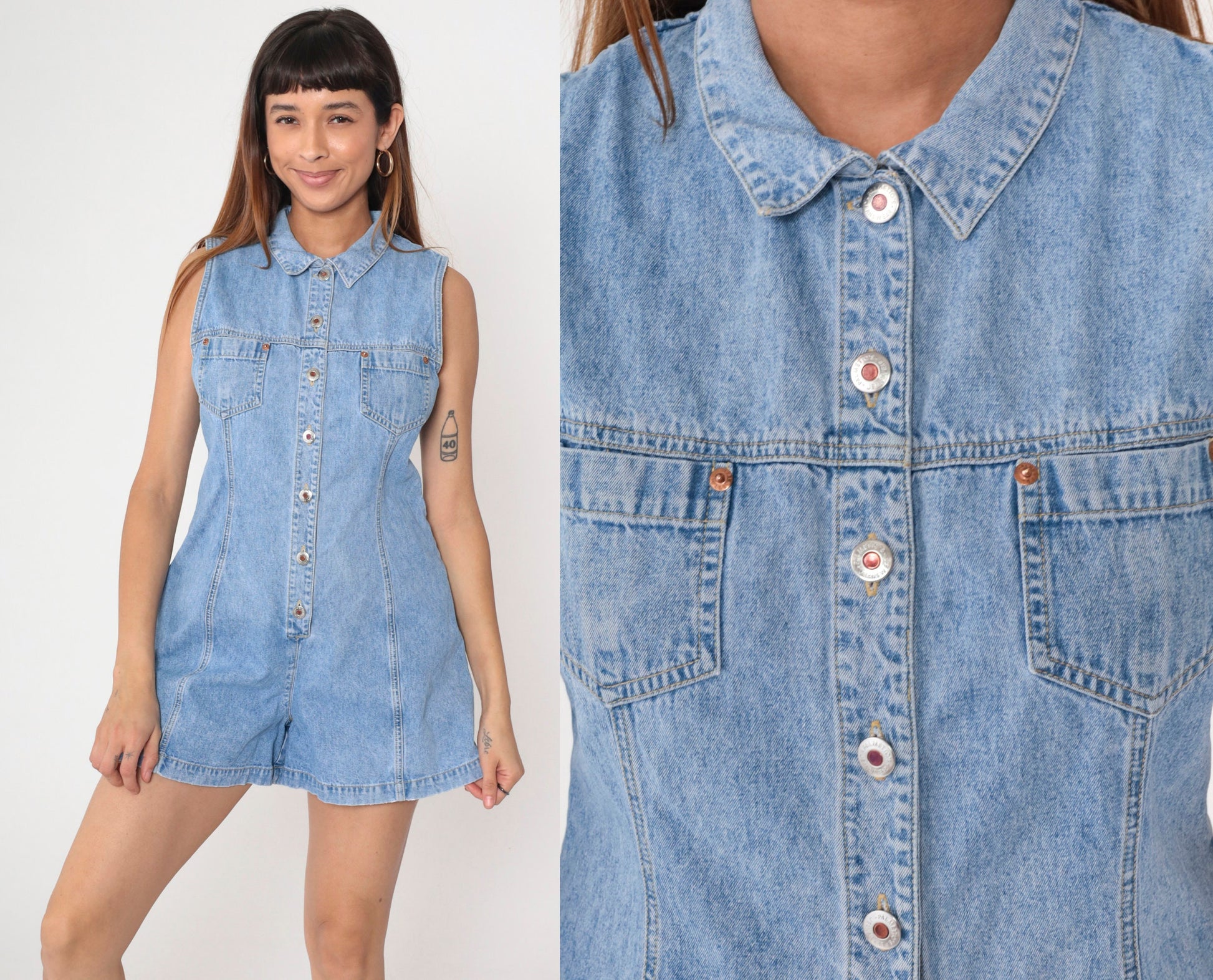90s Denim Romper Keyhole Back Sleeveless Playsuit Small