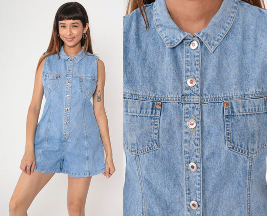 90s Denim Romper Keyhole Back Sleeveless Playsuit Small